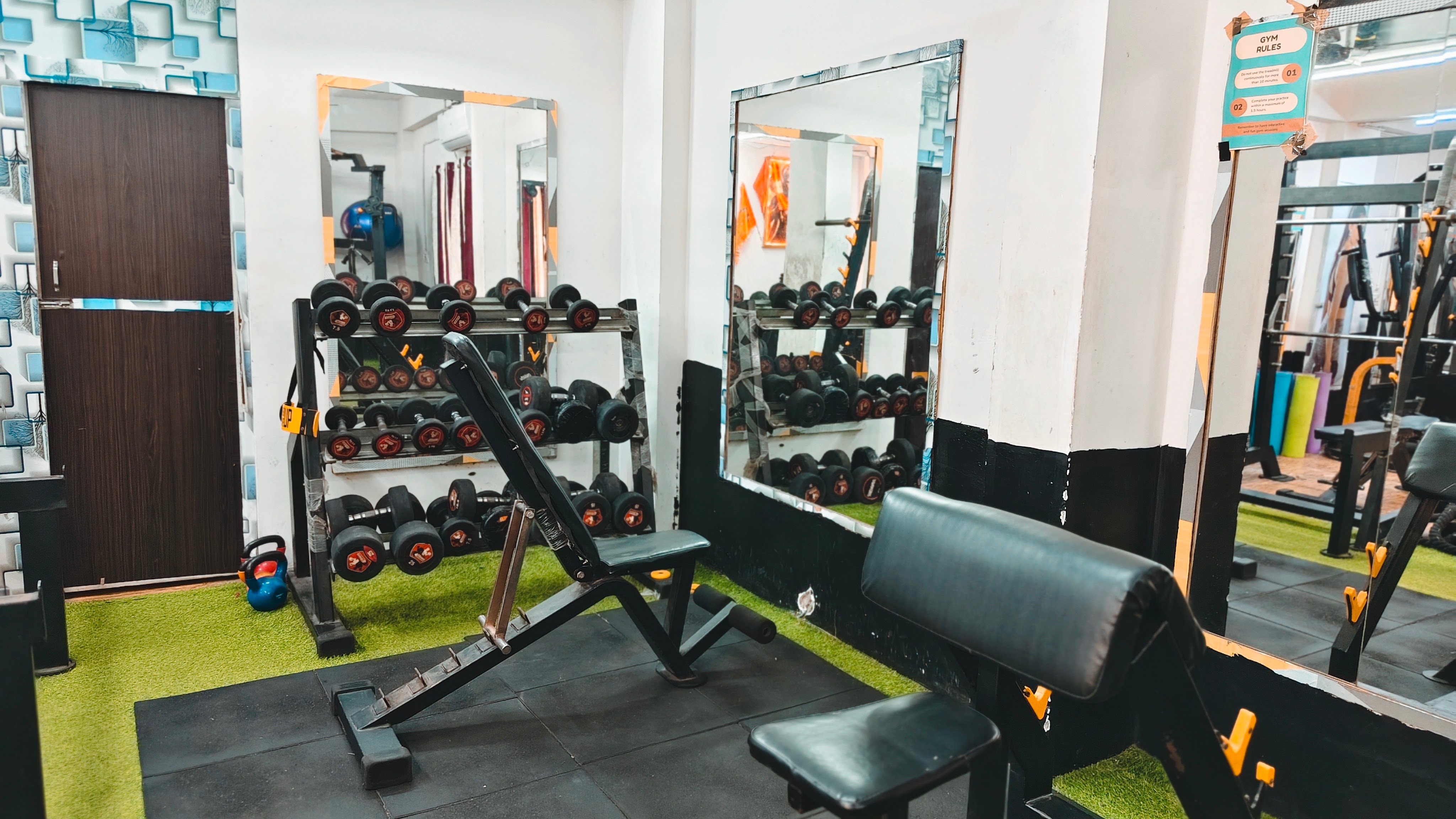 Fit For Life Gym - Closeup of Rubber Dumbbells and Weights
